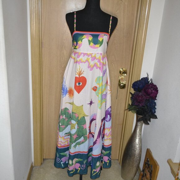 Colorful White Dragon Print Vacation Cotton Blend Dress - Picture 2 of 13